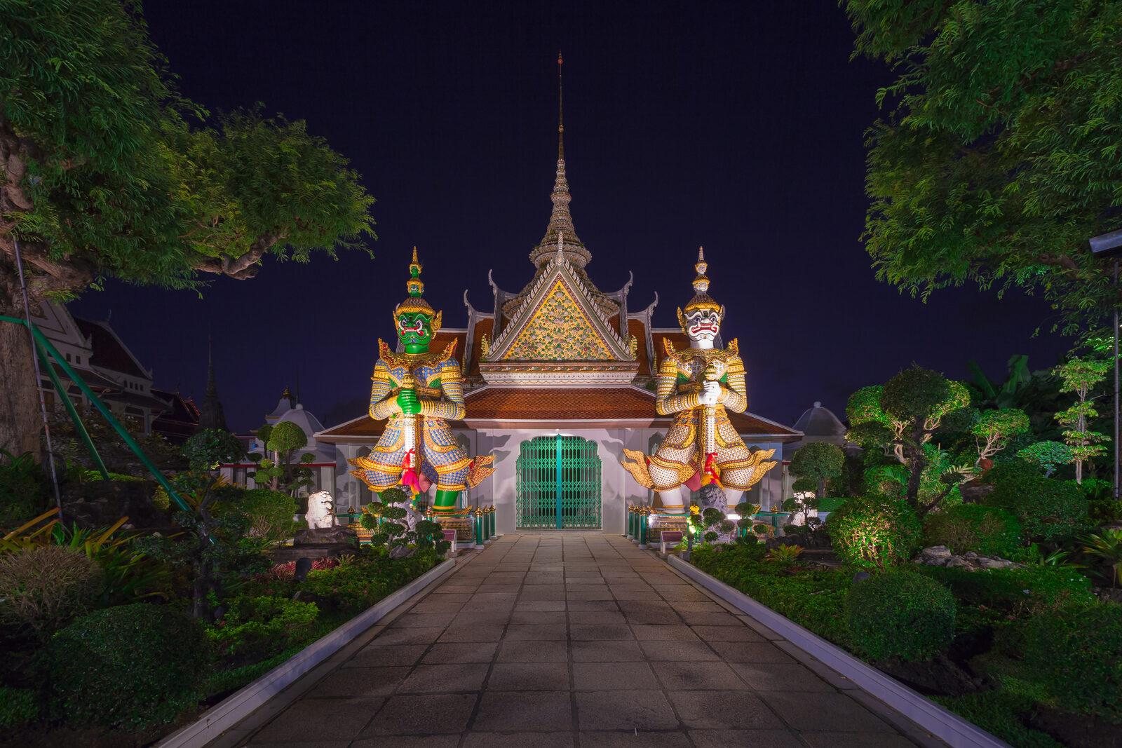 The temple entrance after dark
